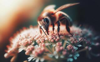 ai gegenereerd bijen snuiven bloemen. bijen zuigen nectar en stuifmeel. dichtbij omhoog foto