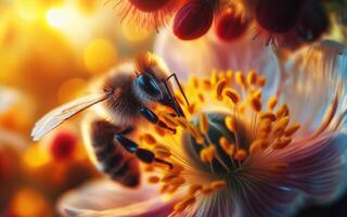 ai gegenereerd bijen snuiven bloemen. bijen zuigen nectar en stuifmeel. dichtbij omhoog foto