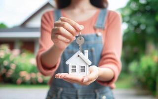 ai gegenereerd vrouw Holding huis sleutels staand in voorkant van de huis echt landgoed handel concept foto