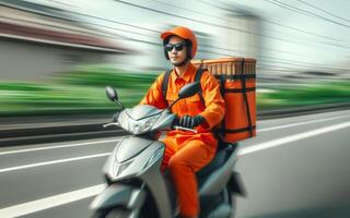 ai gegenereerd voedsel levering arbeider in oranje uniform rijden een motorfiets naar leveren items naar klanten levering concept foto