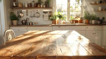 ai gegenereerd rustiek houten tafel in ochtend- licht, aanbieden een blanco canvas tegen een hedendaags keuken instelling, perfect voor creatief en elegant huis decor ideeën. foto