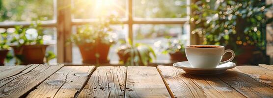 ai gegenereerd ochtend- koffie sfeer met espresso kop Aan zonlicht gekust tafel, espresso houten tafel foto