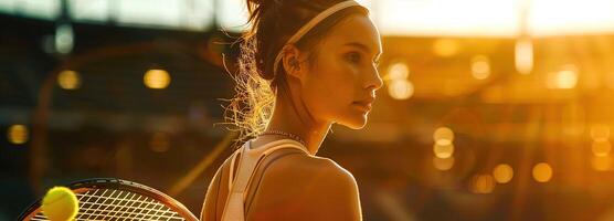 ai gegenereerd professioneel vrouw tennis speler in actie Bij de stadion, de middag zon markeren haar focus en precisie met de racket foto