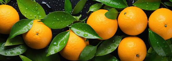 ai gegenereerd sappig oranje met bladeren, markeren de gedetailleerd patronen en verfrissend druppels van water Aan een rijk gekleurde citrus fruit achtergrond foto