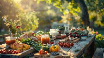 ai gegenereerd boerderij naar tafel, vers, biologisch produceren Aan een rustiek houten tafel buitenshuis, met seizoensgebonden groenten, ambachtelijk brood, en eigengemaakt Bewaren voor duurzame dineren. foto