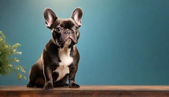 ai gegenereerd aanbiddelijk Frans bulldog zittend Aan w houten tafel met planten naast en een blauw achtergrond foto