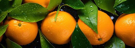 ai gegenereerd sappig oranje met bladeren, markeren de gedetailleerd patronen en verfrissend druppels van water Aan een rijk gekleurde citrus fruit achtergrond foto