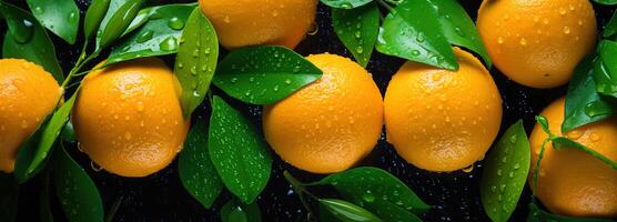 ai gegenereerd sappig oranje met bladeren, markeren de gedetailleerd patronen en verfrissend druppels van water Aan een rijk gekleurde citrus fruit achtergrond foto