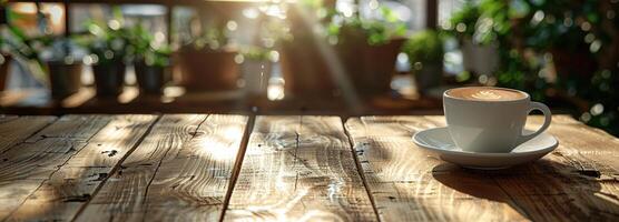 ai gegenereerd ochtend- koffie sfeer met espresso kop Aan zonlicht gekust tafel, espresso houten tafel foto