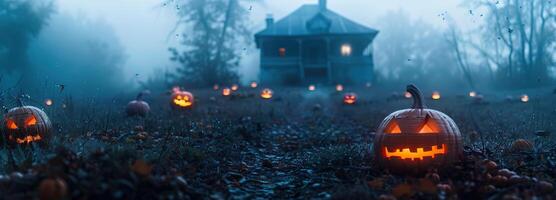 ai gegenereerd halloween mysterie onthuld, een spookachtige, mist gevuld tafereel met griezelig jack-o'-lanterns en een spookachtig silhouet van een achtervolgd huis, perfect voor een huiveringwekkend nacht. foto