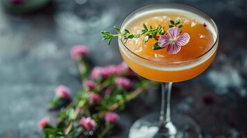 ai gegenereerd een handgemaakt cocktail geserveerd in een elegant glas, versierd met botanisch garnituren, vastleggen de essence van huis brouwen foto