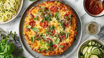 ai gegenereerd een maaltijd van glutenvrij pizza en keto courgette noedels, zorgen voor smaak zonder compromis voor speciaal diëten. foto