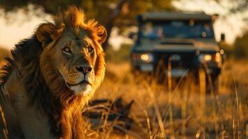 ai gegenereerd safari avontuur, observeren een majestueus leeuw omhoog dichtbij in haar natuurlijk leefgebied, met de essence van Afrikaanse dieren in het wild behoud inspanningen foto