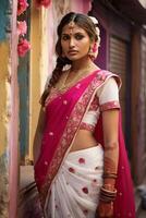 ai gegenereerd een mooi bruid leunend tegen een muur met de jurk gedrapeerd aan de overkant haar schouders, levendig traditioneel kleding, Hindoe kunst en architectuur foto