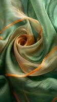 ai gegenereerd groen en oranje iriserend licht zijde kleding stof achtergrond foto