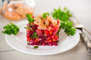 vinaigrette salade van gekookt groenten met gezouten vis in een bord foto