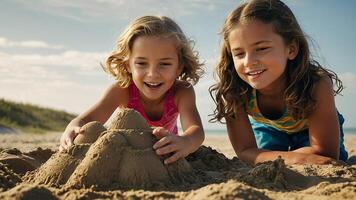 ai gegenereerd twee jong meisjes spelen in de zand Aan de strand foto