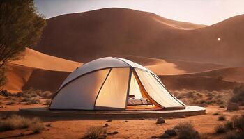 ai gegenereerd camping tent in de woestijn Bij zonsondergang. ai generatief foto