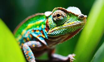 ai gegenereerd kleurrijk kameleon Aan de boom in de Woud. dichtbij omhoog. ai generatief foto