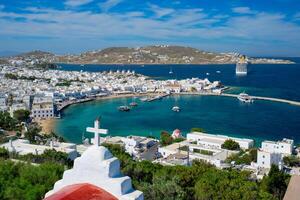 Mykonos eiland haven met boten, cycladen eilanden, Griekenland foto