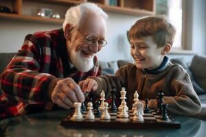 ai gegenereerd oud volwassen Mens, opa spelen schaak met zijn kleinzoon, familie pret concept, mensen en levensstijl achtergrond foto