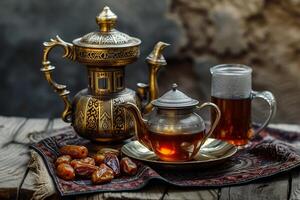 ai gegenereerd traditioneel Arabisch thee reeks en droog datums foto