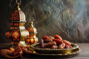 ai gegenereerd een schotel van datums en Arabisch lantaarns. iftar en sahur Ramadan foto
