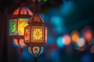 ai gegenereerd decoratief lantaarns licht omhoog Bij nacht. moslim vakantie Ramadan kareem feestelijk wazig achtergrond foto