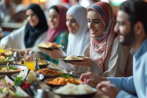 ai gegenereerd groep van Arabisch mensen in restaurant genieten van foto