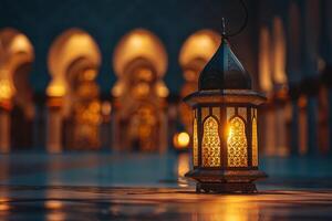 ai gegenereerd Arabisch lantaarn met kaars in moskee achtergrond voor Ramadan foto