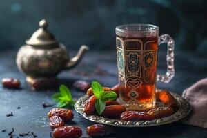 ai gegenereerd Ramadan voedsel en drankjes concept. Ramadan thee en datums fruit Aan donker achtergrond foto