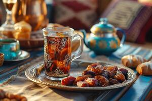 ai gegenereerd traditioneel iftar verspreiding met datums en thee foto