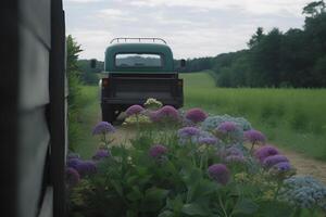 ai gegenereerd vrachtauto van bloemen kleurrijk dalia. neurale netwerk ai gegenereerd foto