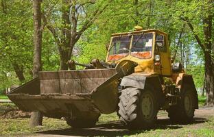 de stad verbetering team verwijdert de gedaald bladeren in de park met een graafmachine en een vrachtwagen. regelmatig seizoensgebonden werk Aan verbeteren de openbaar plaatsen voor recreatie foto