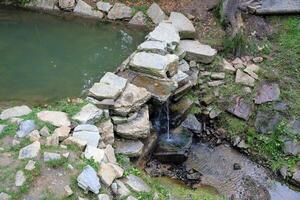 dichtbij omhoog van een klein waterval morsen over- mos gedekt rotsen in regionaal park. handgemaakt rivier- waterval foto