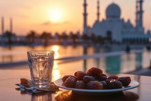 ai gegenereerd bord van datums en glas van water Aan een tafel zonsondergang foto