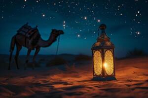 ai gegenereerd lantaarn in de woestijn Bij nacht met kameel, Ramadan kareem banier achtergrond concept foto
