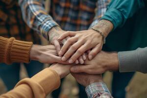 ai gegenereerd homoseksueel verschillend groep van jong mensen stapelen handen foto