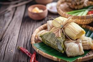 ai gegenereerd ketupat geserveerd met divers speciaal Indonesisch voedsel foto