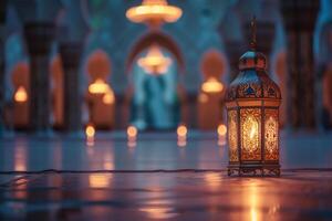ai gegenereerd eid mubarak en Ramadan kareem groeten met Islamitisch lantaarn en moskee foto