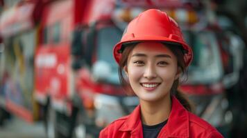 ai gegenereerd zelfverzekerd jong Aziatisch vrouw ingenieur in rood moeilijk hoed glimlachen met brand vrachtwagens in de achtergrond, perfect voor veiligheid en professioneel onderhoud foto