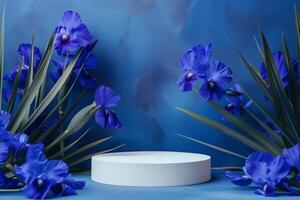 ai gegenereerd blauw iris bloemen kunstmatig podium Scherm foto