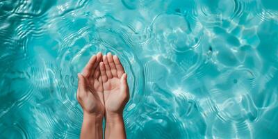 ai gegenereerd menselijk handen tot een kom gevormd samen naar houden water, symboliseert zorg voor de omgeving, tegen een kabbelend aqua blauw zwemmen zwembad achtergrond foto