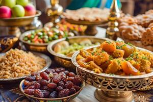 ai gegenereerd een tafel versierd met iftar lekkernijen Leuk vinden datums foto