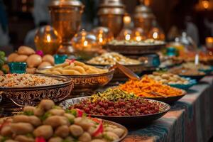 ai gegenereerd Ramadan iftar buffet tafel opstelling foto