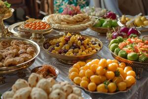 ai gegenereerd een tafel versierd met iftar lekkernijen Leuk vinden datums foto