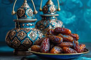 ai gegenereerd een schotel van datums en Arabisch lantaarns. iftar en sahur Ramadan foto
