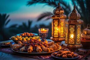 ai gegenereerd moslim Ramadan mubarak iftar tafel shows Ramadan voedingsmiddelen en lantaarn licht met heilig maand eid mubarak concept achtergrond foto