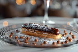 ai gegenereerd Frans eclair overgoten met chocola Aan een glas bord foto