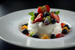 ai gegenereerd pavlova taart met vers bessen Aan een wit bord foto